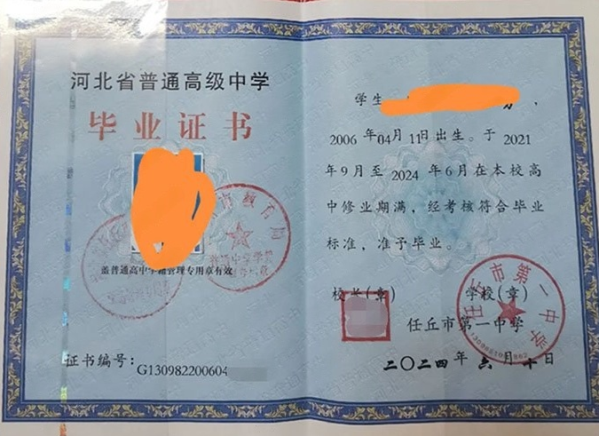 寮步任丘市第一中学高中毕业证样本图片